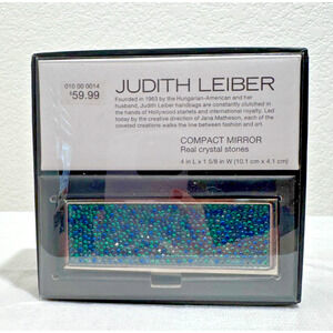 NIB JUDITH LEIBER Blue Green Real Crystal Stones Makeup Compact Mirror